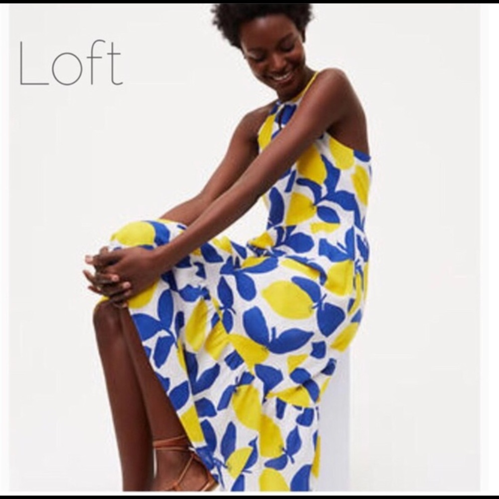 LOFT halter style lemon print dress, Sz 8